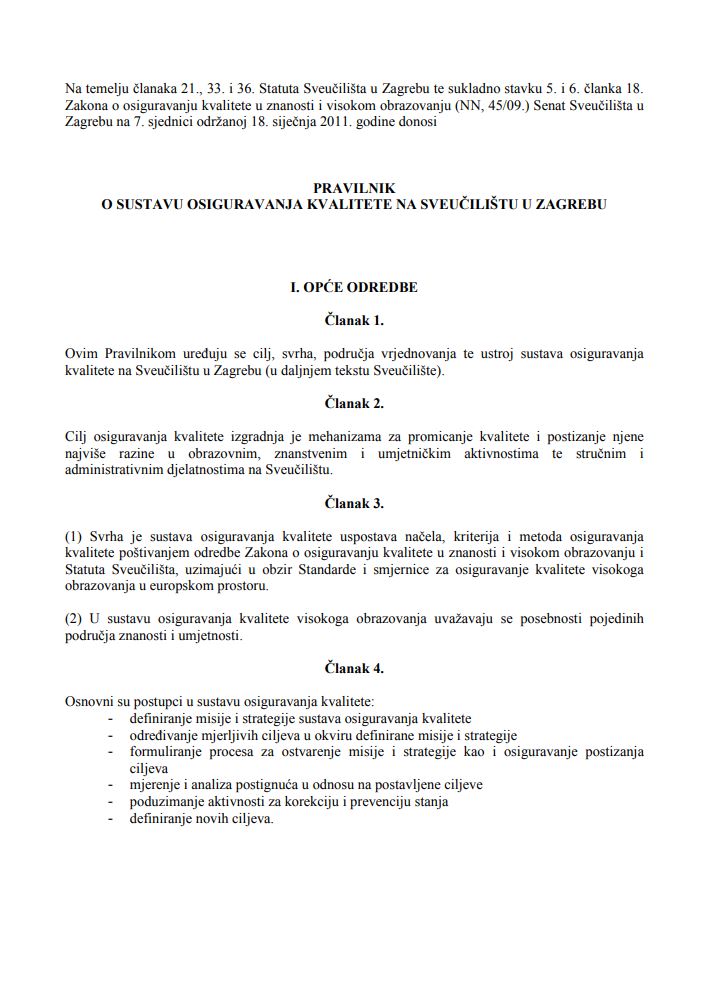 Pravilnik o sustavu osiguravanja kvalitete na Sveučilištu u Zagrebu