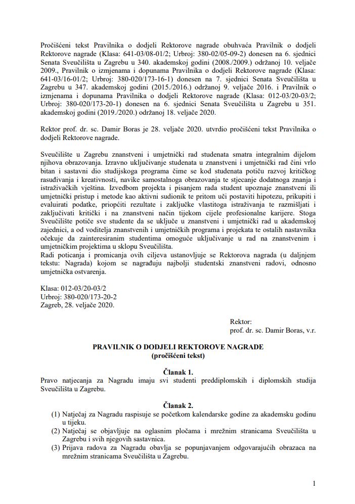prikaz prve stranice dokumenta Pravilnik o dodjeli Rektorove nagrade (pročišćeni tekst)