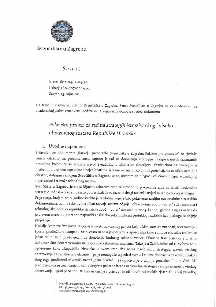 prikaz prve stranice dokumenta Polazišni prilozi za rad na strategiji istraživačkog i visoko-obrazovnog sustava Republike Hrvatske
