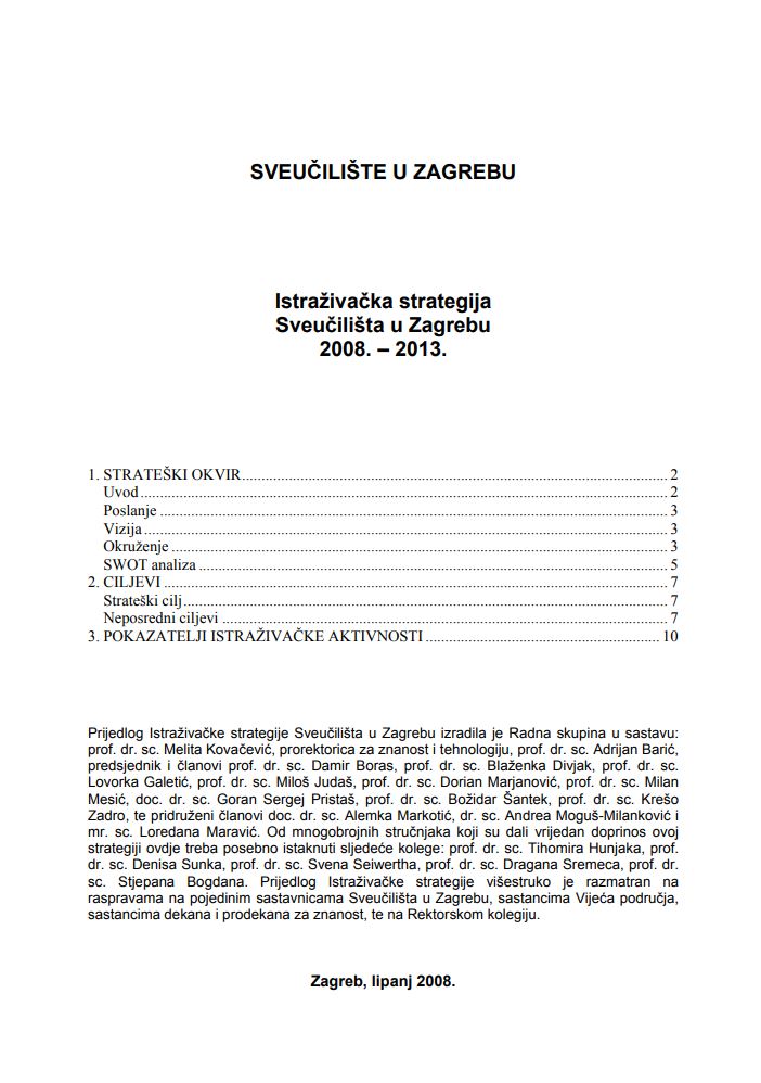 prikaz prve stranice dokumenta Istraživačka strategija Sveučilišta u Zagrebu 2008. – 2013.