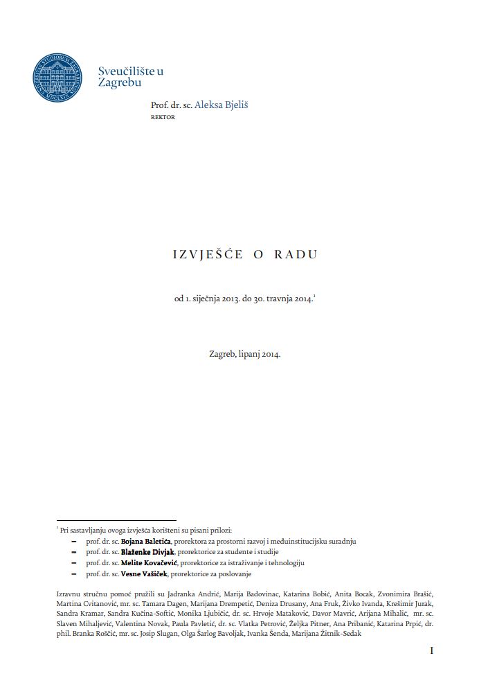 prikaz prve stranice dokumenta Izvješće o radu rektora od 1. siječnja 2013. do 30. travnja 2014.