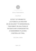 prikaz prve stranice dokumenta Effect of probiotic Lactobacillus reuteri as an adjunct to nonsurgical treatment on halitosis of patients with periodontitis: a randomised placebo - controlled trial 